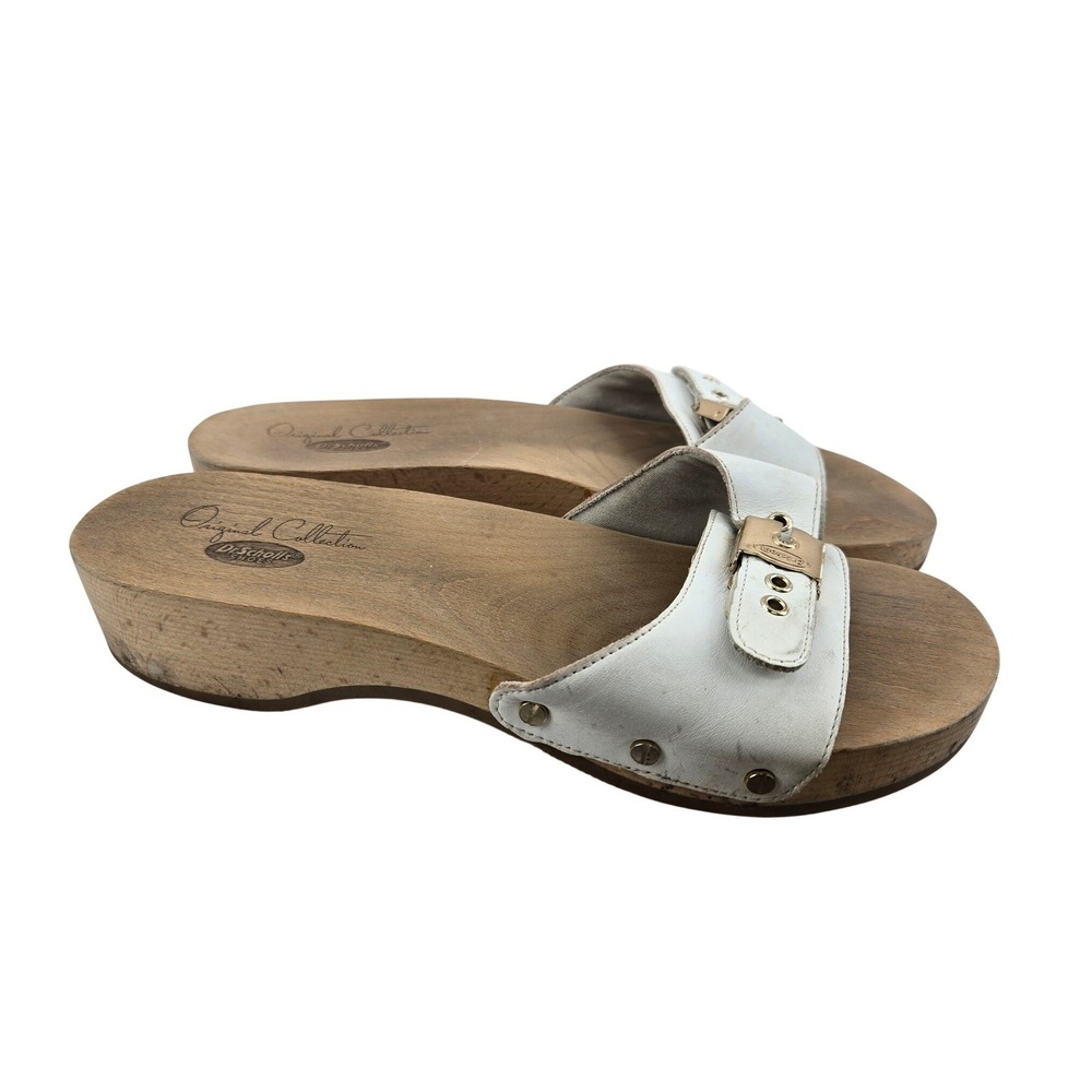Dr. Scholls Original Collection White Leather Wood Clog Slide Sandals Womens 9M
